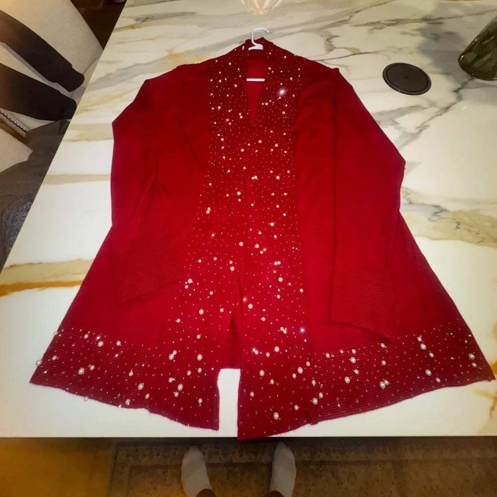 Nu Look Red Cardigan Sweater w/pearls & Crystals around trim sz xl - Picture 2 of 5